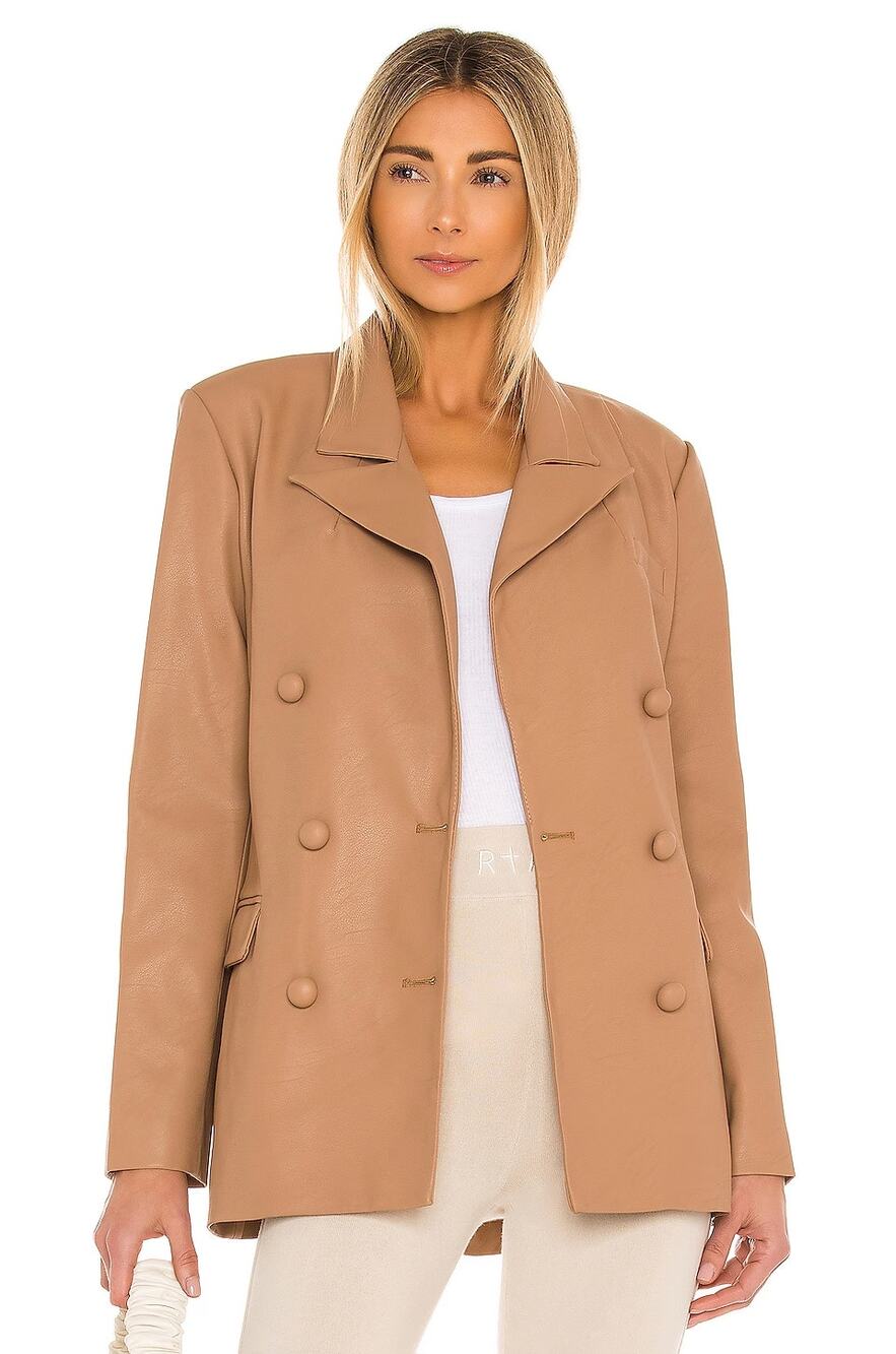 BLANKNYC Womens Vegan Leather Double Breasted Blazer Murky Waters Tan Size M